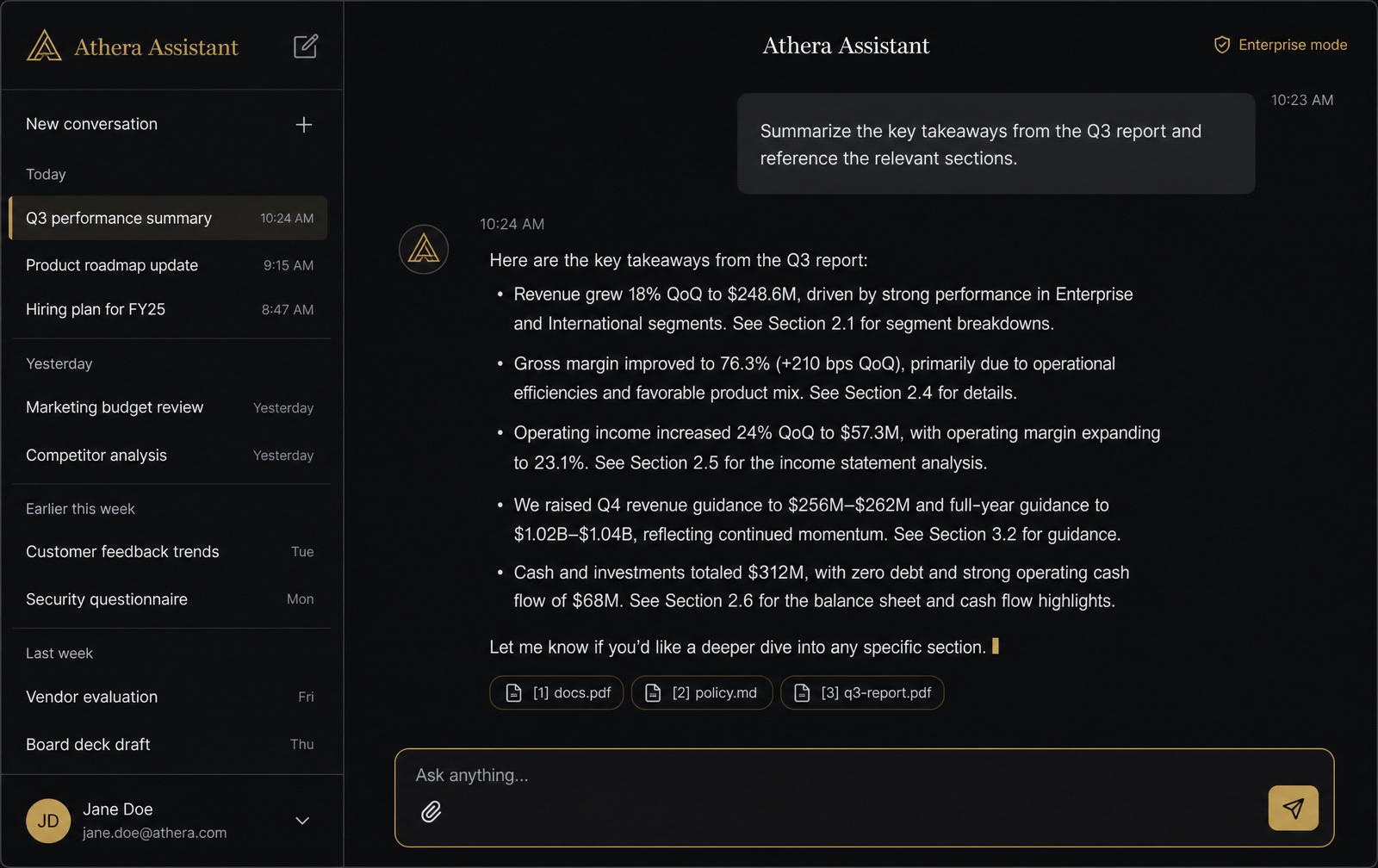 Refined AI assistant interface with citations and threads