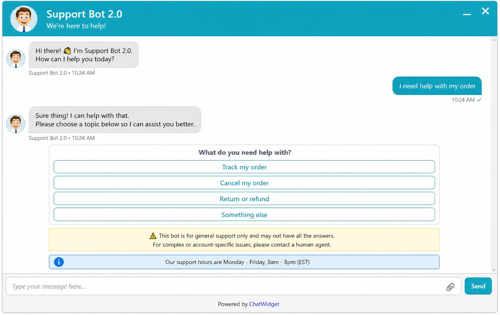 Dated 2020-era support chatbot interface