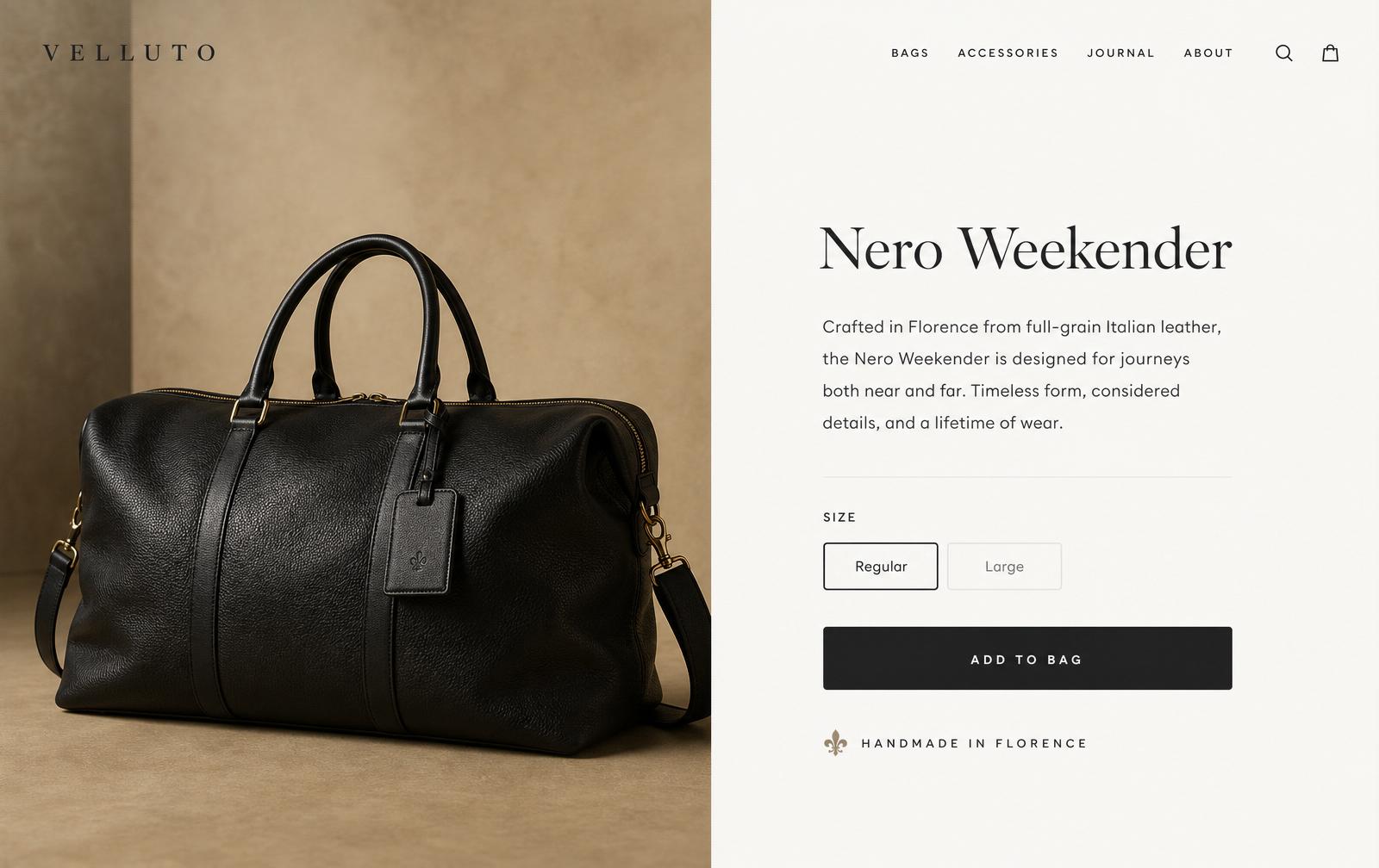 Editorial premium product page for a leather bag