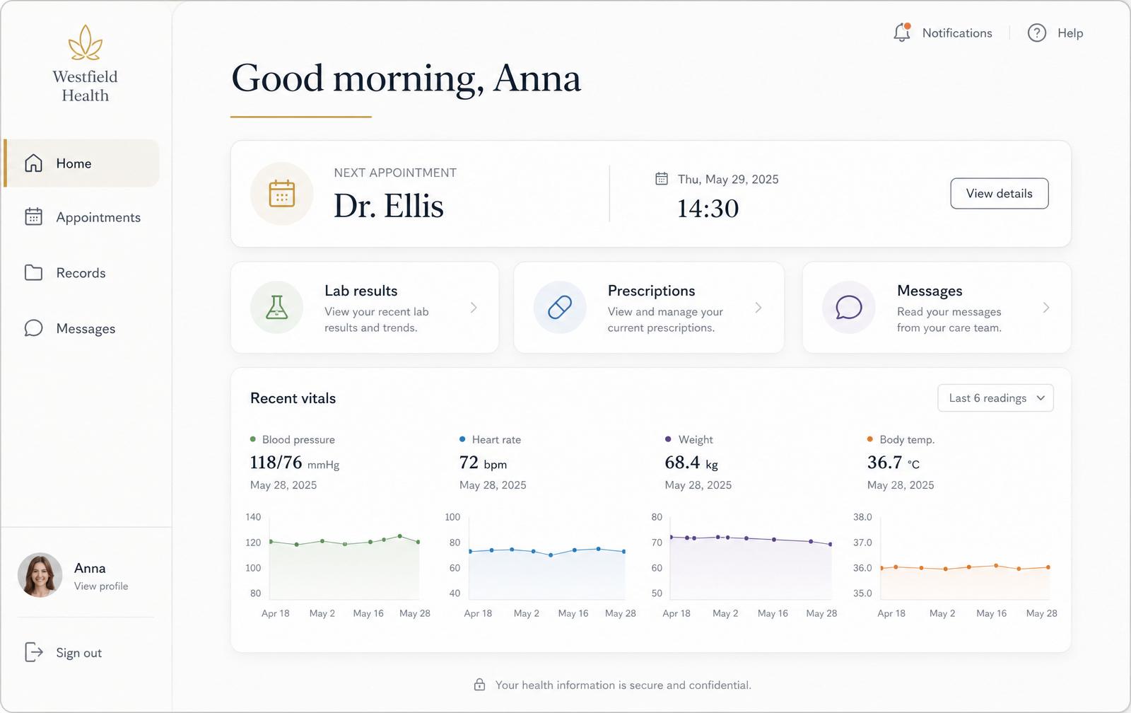 Modern calm patient portal with vitals