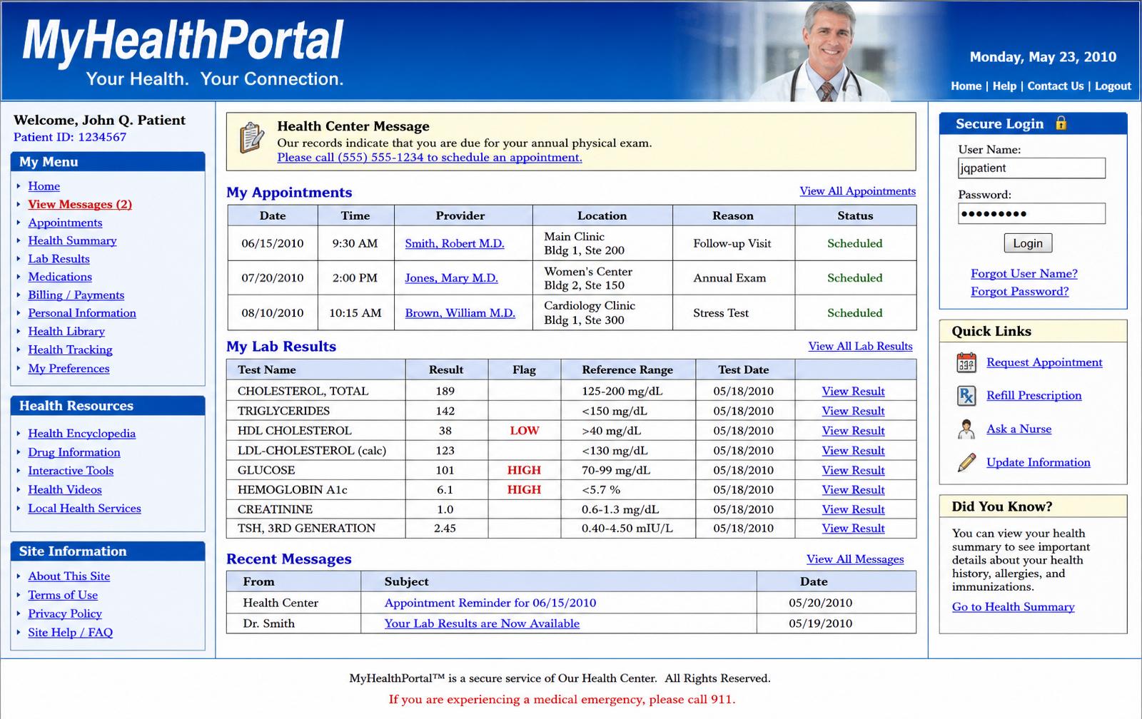 Cluttered 2010 hospital patient portal